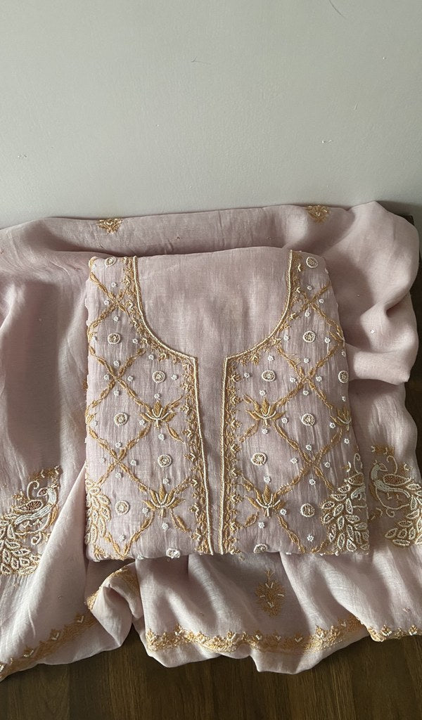 Shirin — Pink Pure Mul Chanderi Gold Thread Chikankari 2 Pc Unstitched Suit Set