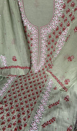 Sleeve work on green pure mul chanderi