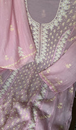 Sleeve work in white thread on pink pure mul chanderi