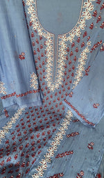 Sleeve work in red thread on blue pure mul chanderi