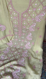Sleeve work in pink thread on green pure mul chanderi