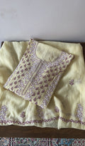 Saziya — Yellow Pure Mul Chanderi Lilac Thread Chikankari 2 Pc Semi-Stitched Suit Set