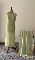 Green pure mul chanderi chikankari suit set on the mannequin with its dupatta