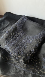 Black pure organza silk kurta piece folded, fine front jaal chikankari