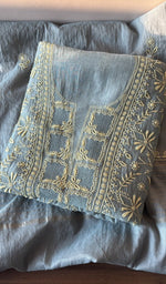 Folded steel blue mul chanderi kurta, second view