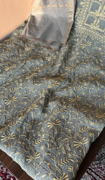 Steel blue mul chanderi kurta, close view of the embroidery