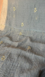 Stitch detail on the steel blue mul chanderi kurta