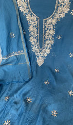 Sleeve work on blue pure mul chanderi