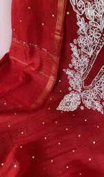 Red pure mul chanderi dupatta with scattered motifs