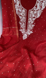 Sleeve work on red pure mul chanderi