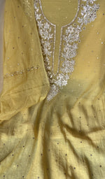Sleeve work on yellow pure mul chanderi