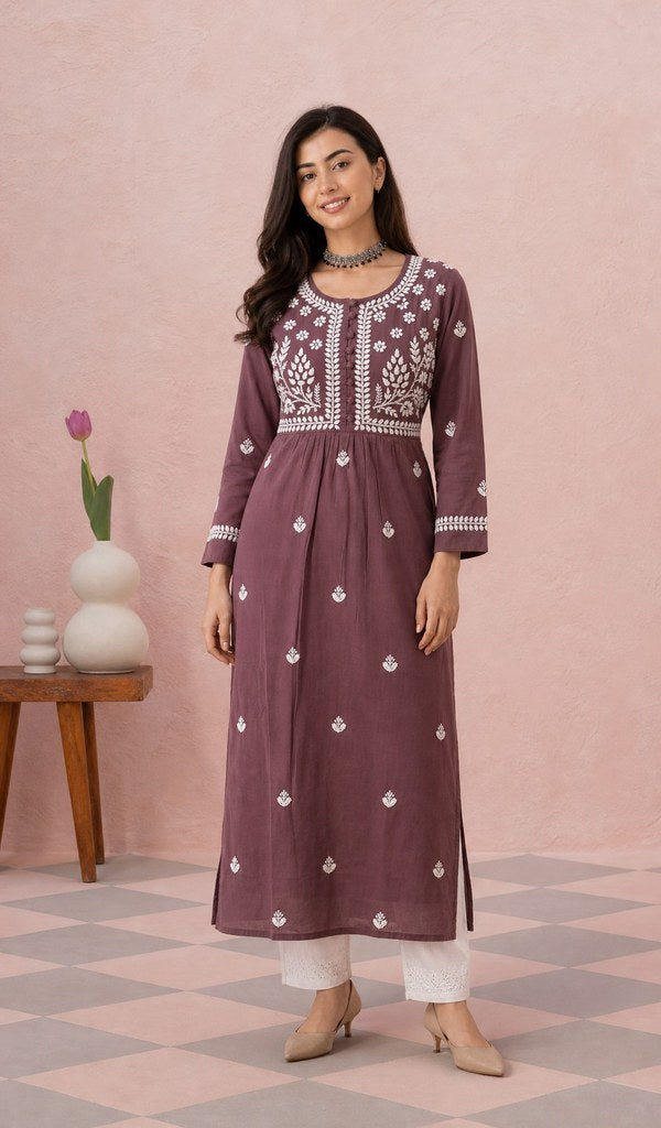 Deep Mauve mul cotton kurti on the model, full length