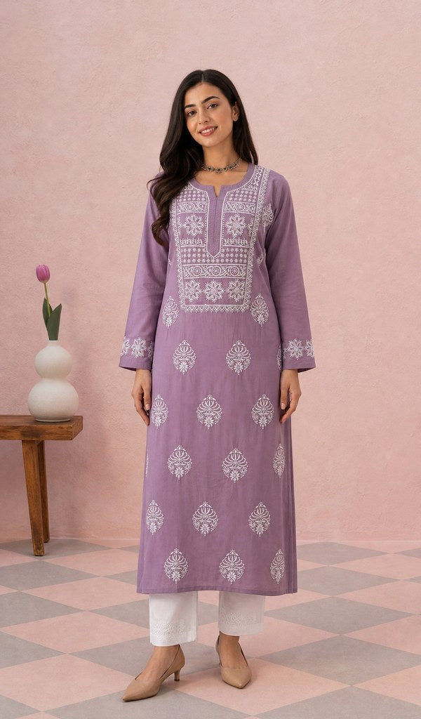 Mauve mul cotton kurti on the model, full length