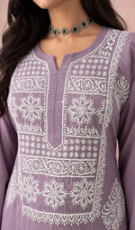 Mauve kurti, neckline and yoke embroidery up close