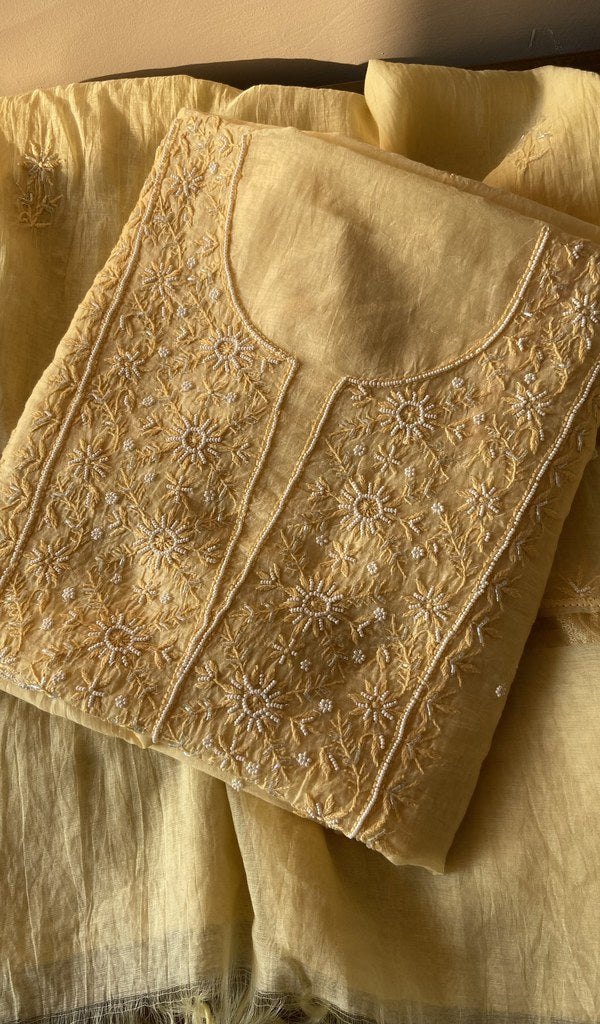 Folded lemon yellow mul chanderi kurta, front view