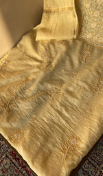 Lemon yellow mul chanderi kurta, close view of the embroidery