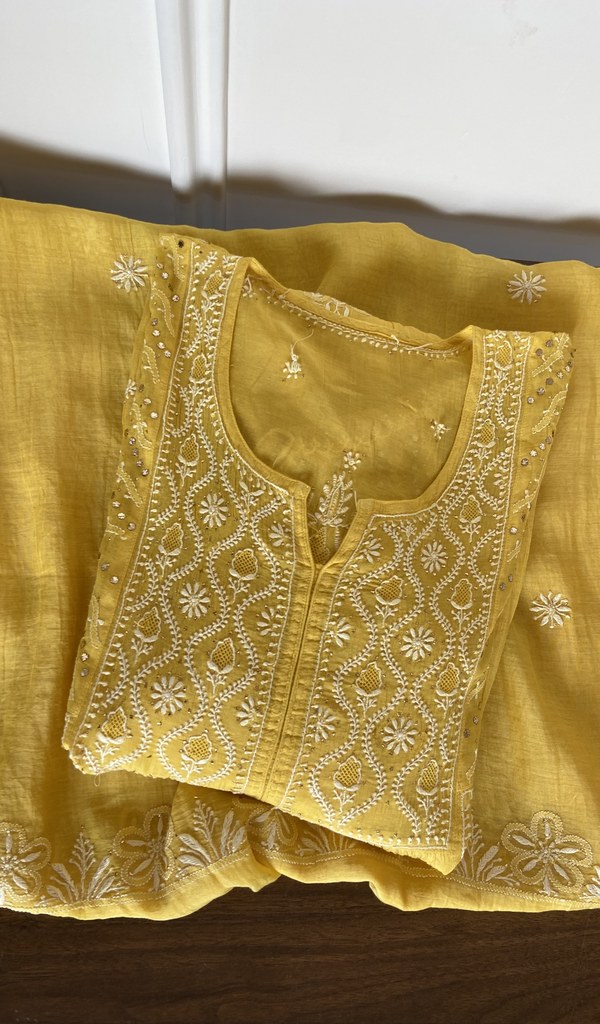 Zimal — Mustard Yellow Pure Mul Chanderi Chikankari 3 Pc Semi-Stitched Suit Set