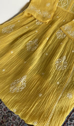 Mustard yellow mul chanderi kurta, close view of the embroidery