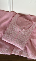 Zimal — Baby Pink Pure Mul Chanderi Chikankari 3 Pc Semi-Stitched Suit Set