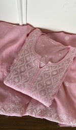 Folded baby pink mul chanderi kurta, gala and neckline work