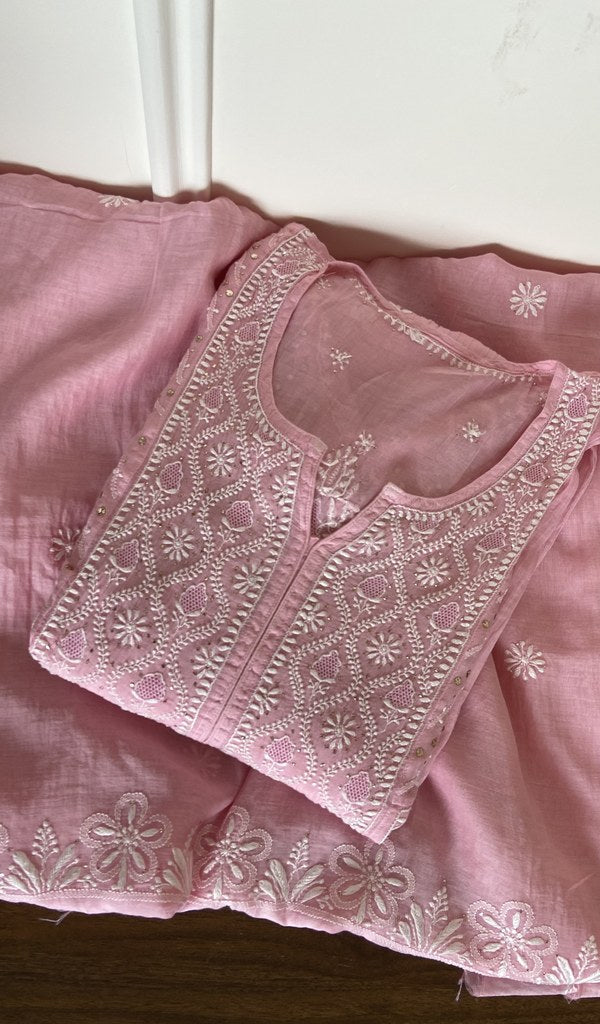 Zimal — Baby Pink Pure Mul Chanderi Chikankari 3 Pc Semi-Stitched Suit Set