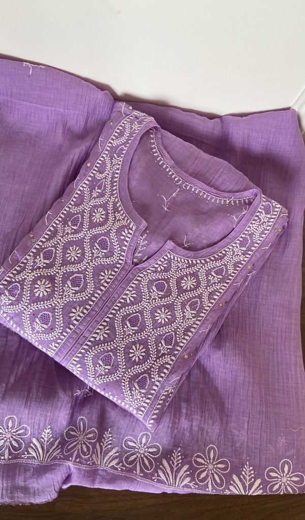 Folded lilac mul chanderi kurta, gala and neckline work