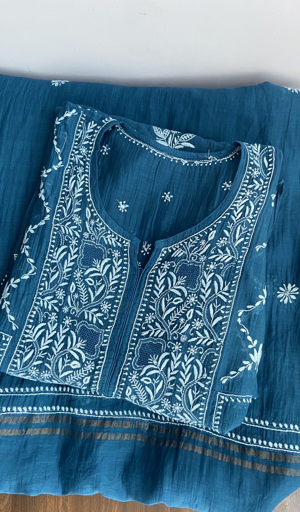 Folded peacock blue mul chanderi kurta, gala and neckline work