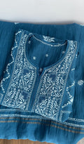 Yara — Peacock Blue Pure Mul Chanderi Chikankari 3 Pc Semi-Stitched Suit Set