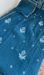 Peacock blue mul chanderi kurta, close view of the embroidery