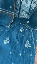 Do taar and teen taar chikankari with haath ki jaali on the peacock blue mul chanderi