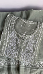 Folded grey mul chanderi kurta, gala and neckline work