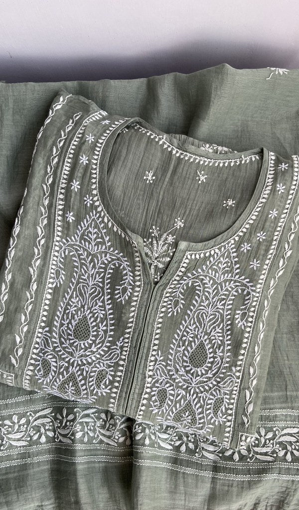 Yara — Grey Pure Mul Chanderi Chikankari 3 Pc Semi-Stitched Suit Set