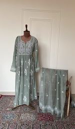 Grey mul chanderi set on the mannequin with its dupatta