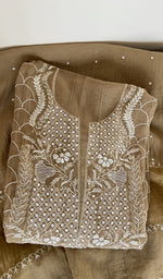 Beige mul chanderi kurta piece folded, gala work in front