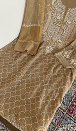 Kurta laid flat with the dupatta, fine front and back jaaldar chikankari anarkali