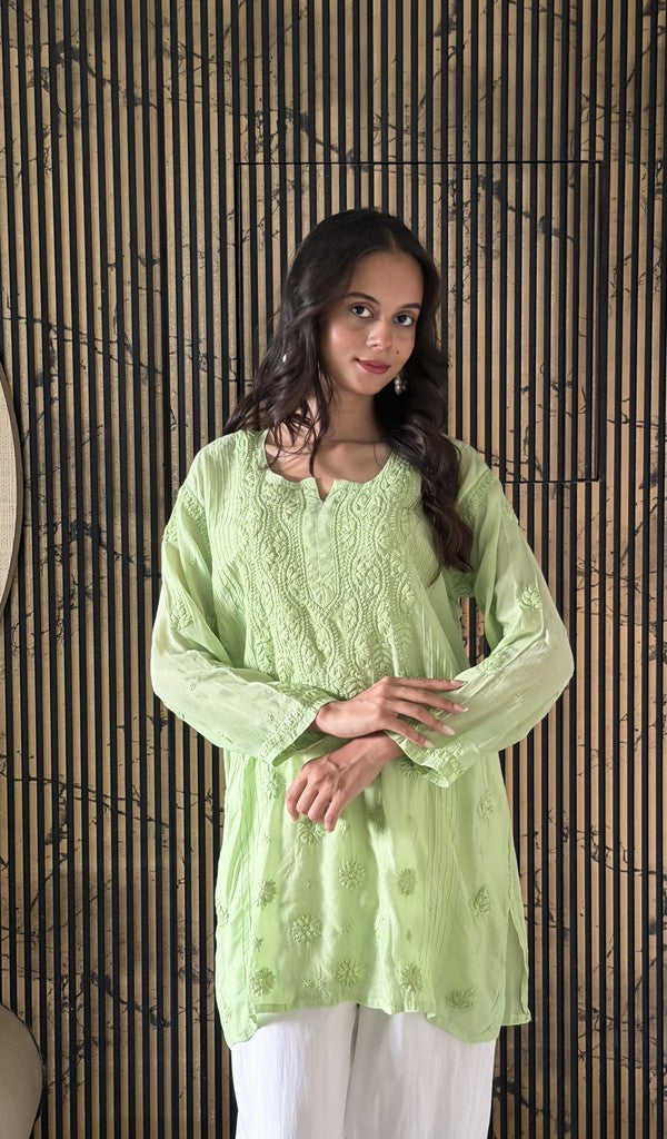 Lime Green muslin short kurti on the model