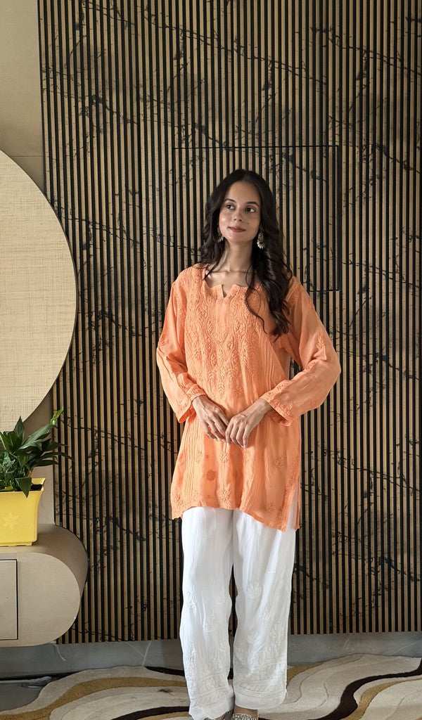Saliha — Orange Muslin Chikankari Stitched Short Kurti