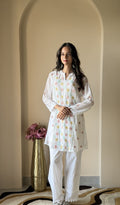 Aqila — White Mul Chanderi Chikankari Stitched Short Kurti — HONC0390515
