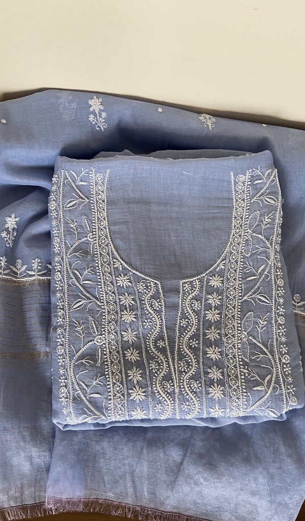 Lavender grey pure mul chanderi kurta piece folded, fine chikankari on the panel, along with beads