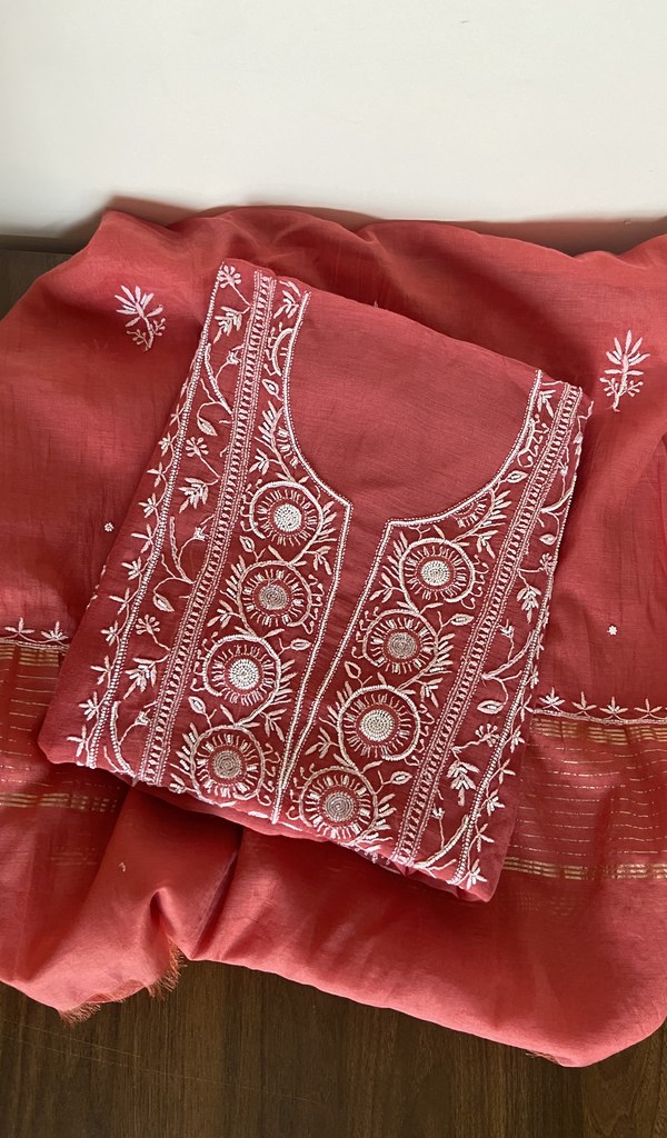 Folded brick red mul chanderi kurta, gala and neckline work