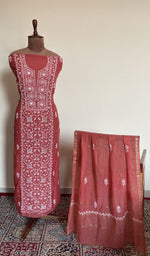 Brick red mul chanderi set on the mannequin with its dupatta