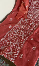 Brick red mul chanderi kurta, close view of the embroidery