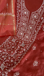 Stitch detail on the brick red mul chanderi kurta