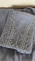 Baseema — Grey Pure Mul Chanderi Chikankari 3 Pc Unstitched Suit Set