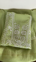 Baseema — Leaf Green Pure Mul Chanderi Chikankari 3 Pc Unstitched Suit Set