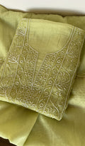 Baseema — Lime Green Pure Mul Chanderi Chikankari 3 Pc Unstitched Suit Set