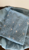 Baseema — Blue Pure Mul Chanderi Chikankari 3 Pc Unstitched Suit Set