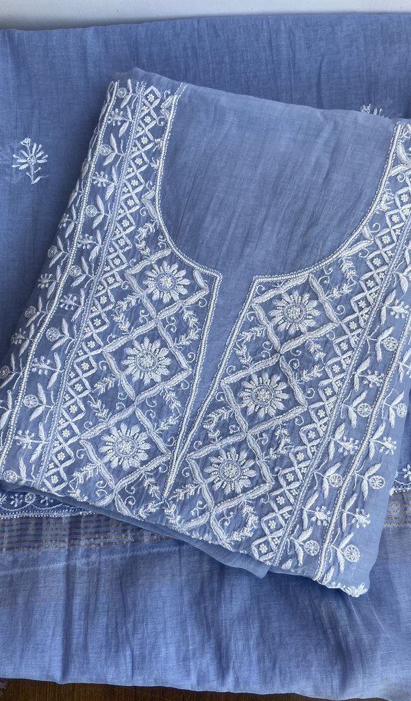Baseema — Cornflower Blue Pure Mul Chanderi Chikankari 3 Pc Unstitched Suit Set