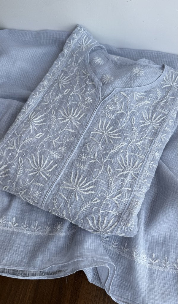 Powder blue kota cotton kurta piece folded, gala work in front
