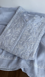 Powder blue kota cotton kurta piece folded, gala work in front